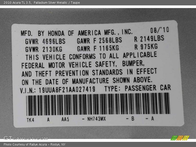 Palladium Silver Metallic / Taupe 2010 Acura TL 3.5