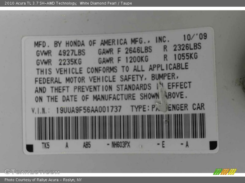 White Diamond Pearl / Taupe 2010 Acura TL 3.7 SH-AWD Technology