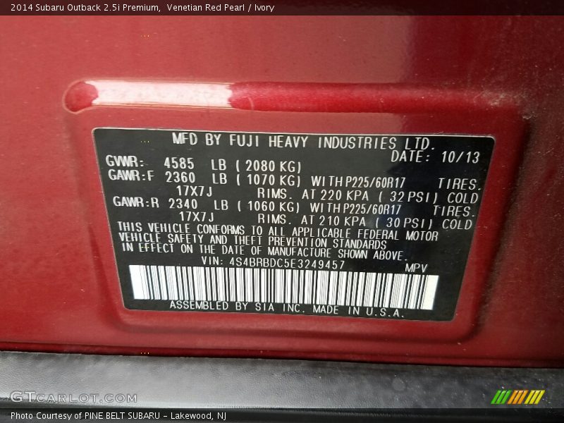 Venetian Red Pearl / Ivory 2014 Subaru Outback 2.5i Premium