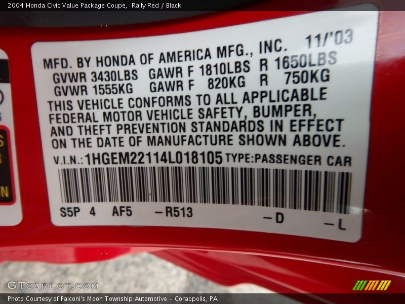 Rally Red / Black 2004 Honda Civic Value Package Coupe
