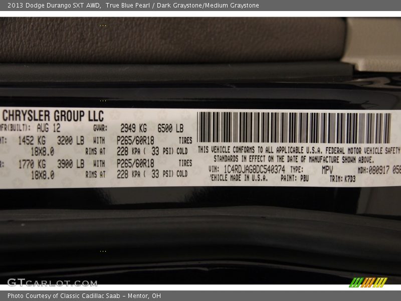 True Blue Pearl / Dark Graystone/Medium Graystone 2013 Dodge Durango SXT AWD