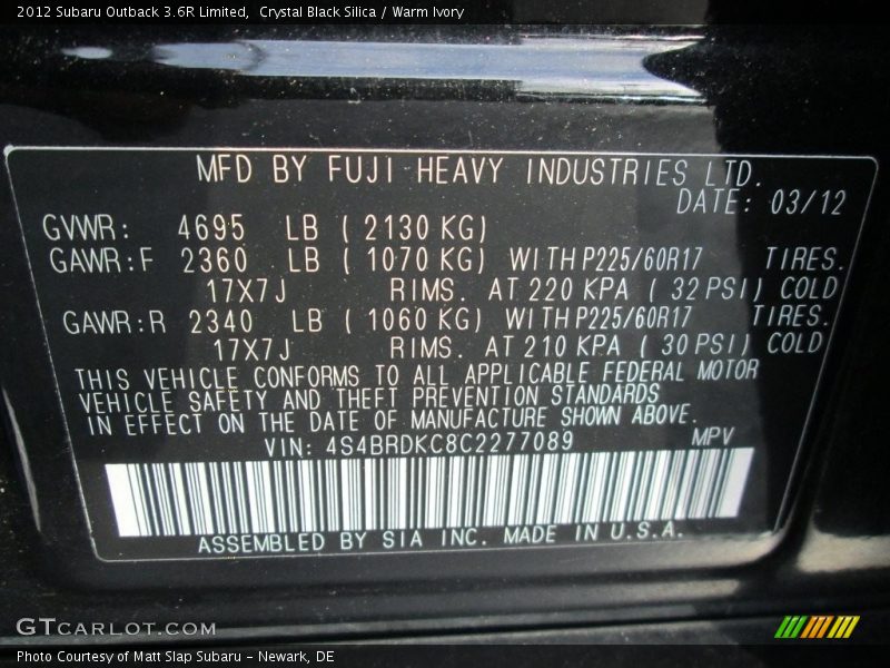 Crystal Black Silica / Warm Ivory 2012 Subaru Outback 3.6R Limited