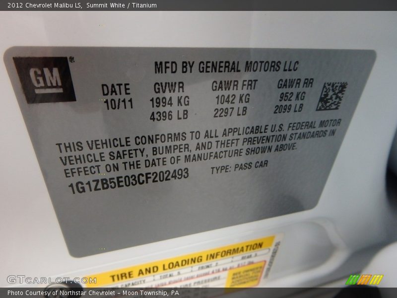 Summit White / Titanium 2012 Chevrolet Malibu LS