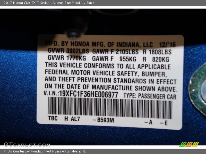 Aegean Blue Metallic / Black 2017 Honda Civic EX-T Sedan