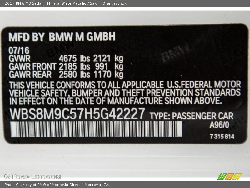 Mineral White Metallic / Sakhir Orange/Black 2017 BMW M3 Sedan
