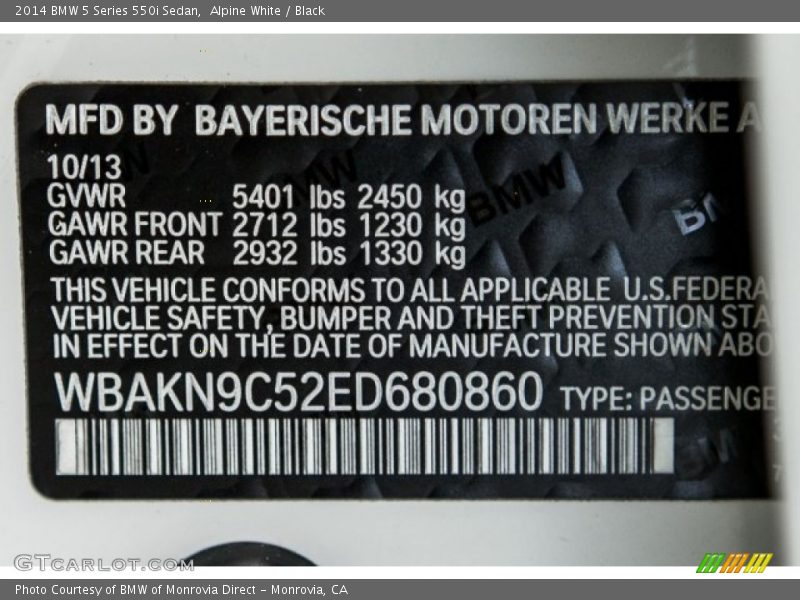 Alpine White / Black 2014 BMW 5 Series 550i Sedan