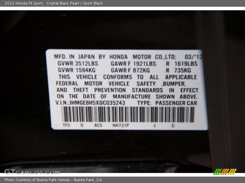 Crystal Black Pearl / Sport Black 2013 Honda Fit Sport