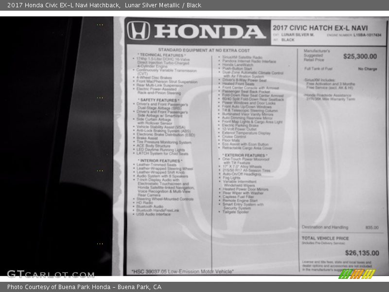  2017 Civic EX-L Navi Hatchback Window Sticker