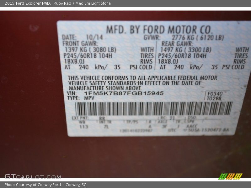 Ruby Red / Medium Light Stone 2015 Ford Explorer FWD