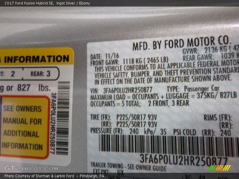 2017 Fusion Hybrid SE Ingot Silver Color Code UX