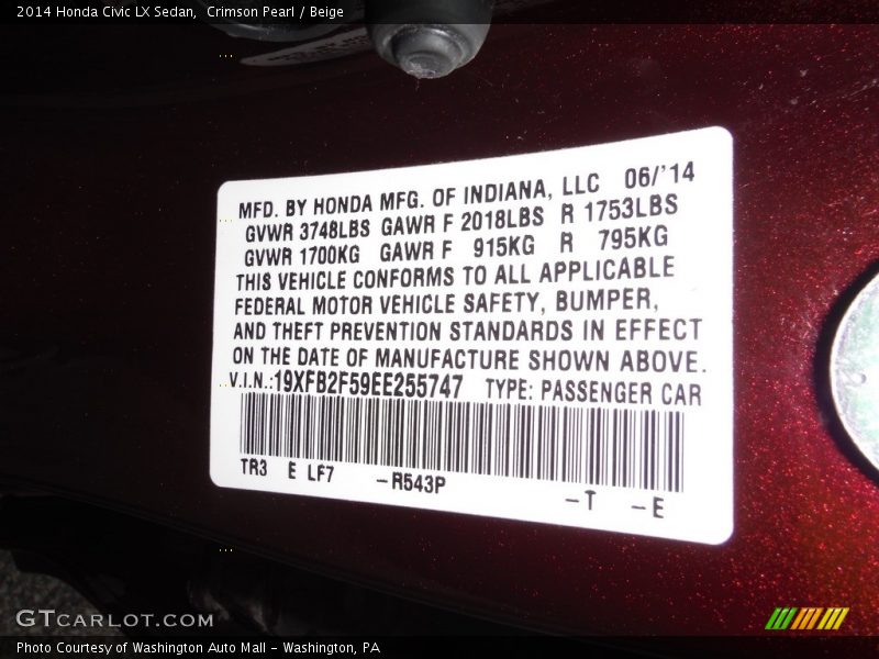 Crimson Pearl / Beige 2014 Honda Civic LX Sedan