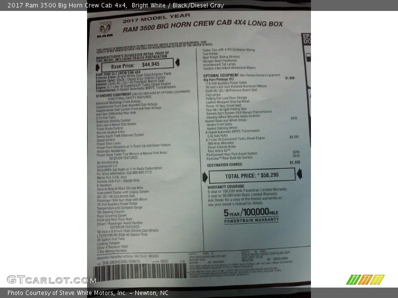 Bright White / Black/Diesel Gray 2017 Ram 3500 Big Horn Crew Cab 4x4