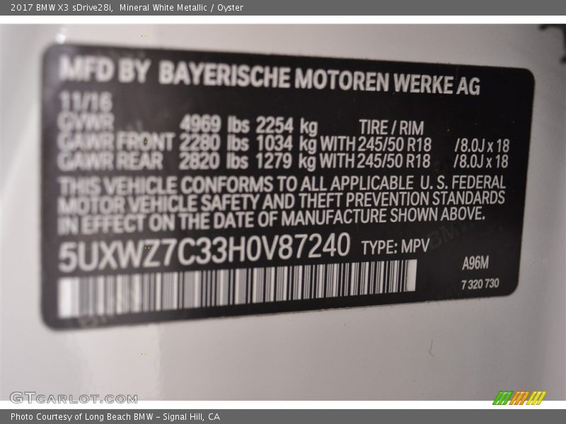 Mineral White Metallic / Oyster 2017 BMW X3 sDrive28i