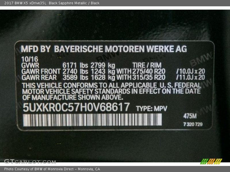 2017 X5 xDrive35i Black Sapphire Metallic Color Code 475