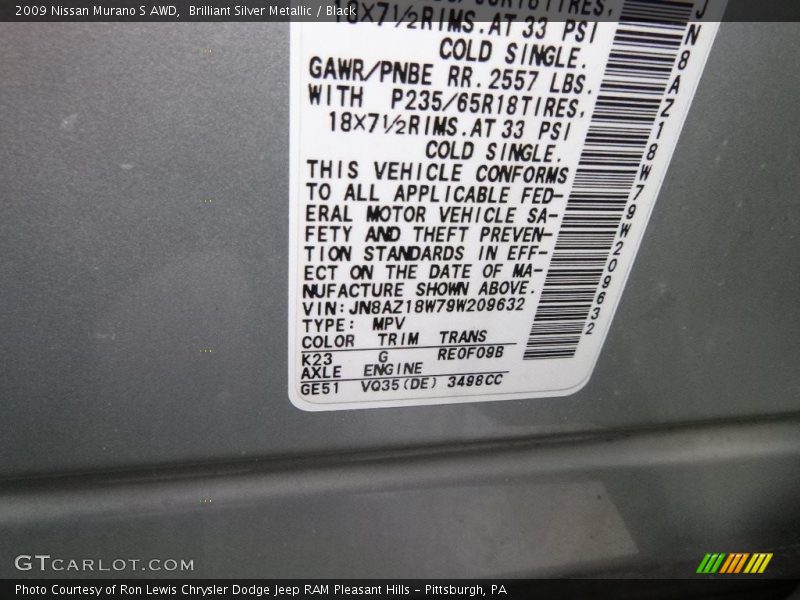 Brilliant Silver Metallic / Black 2009 Nissan Murano S AWD