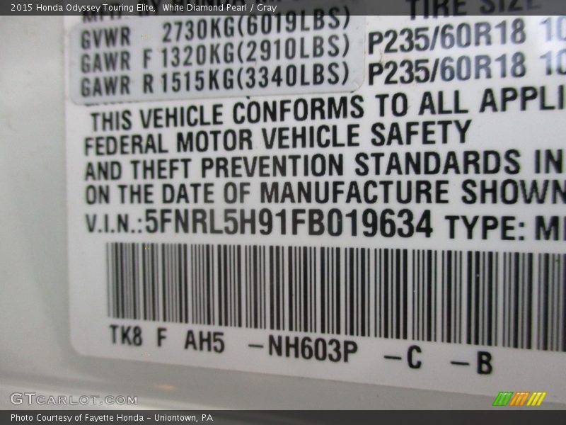 White Diamond Pearl / Gray 2015 Honda Odyssey Touring Elite