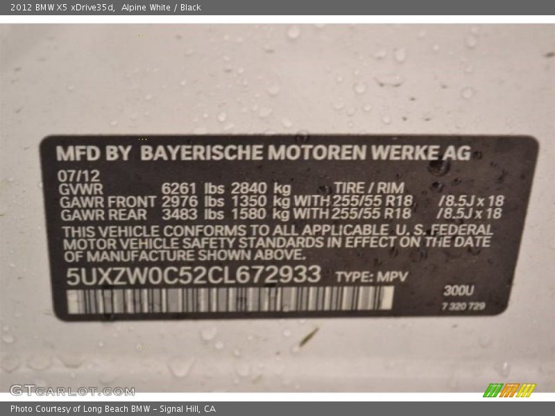 Alpine White / Black 2012 BMW X5 xDrive35d