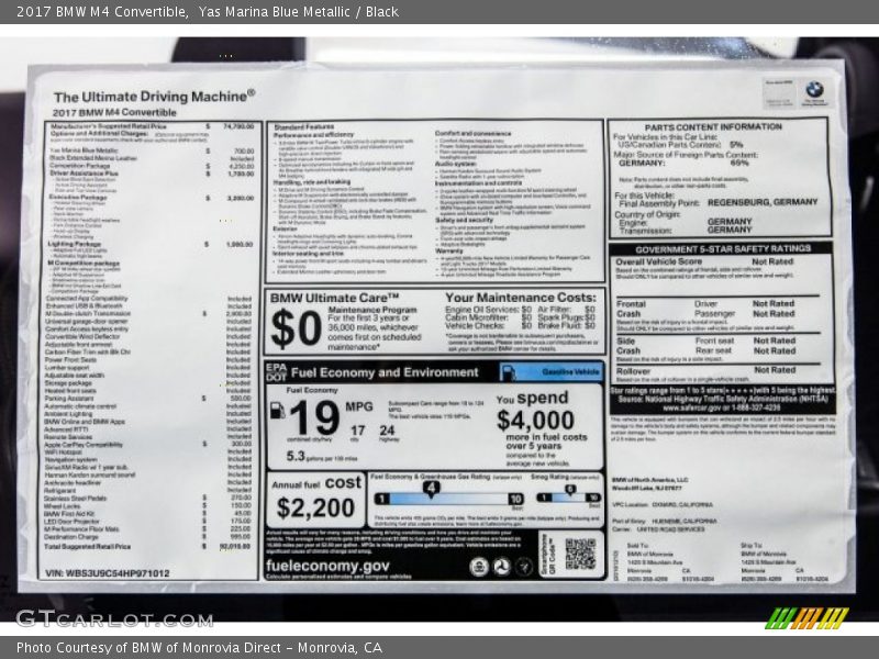  2017 M4 Convertible Window Sticker