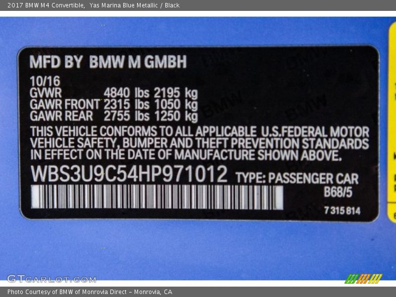2017 M4 Convertible Yas Marina Blue Metallic Color Code B68
