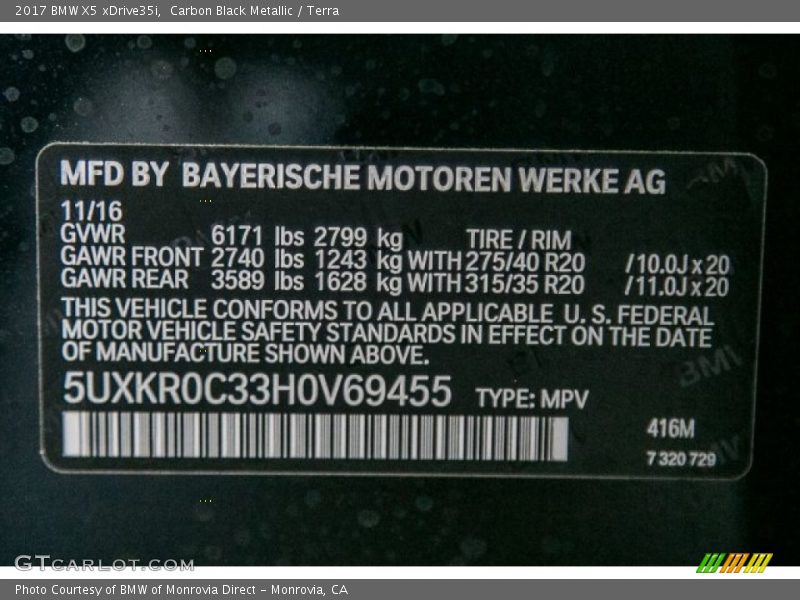 Carbon Black Metallic / Terra 2017 BMW X5 xDrive35i