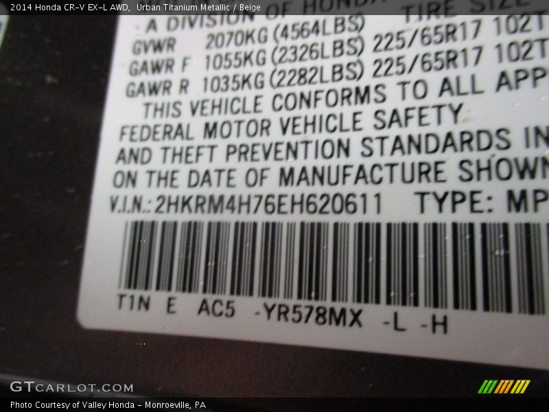 Urban Titanium Metallic / Beige 2014 Honda CR-V EX-L AWD