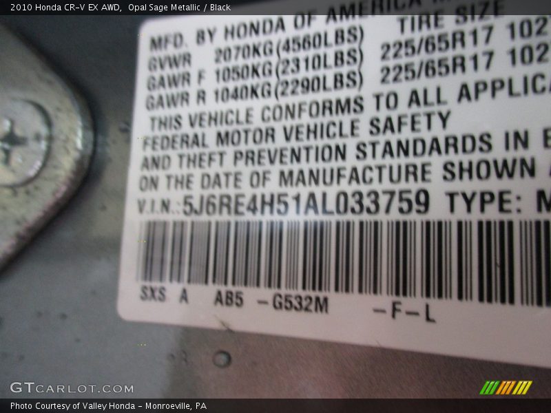 Opal Sage Metallic / Black 2010 Honda CR-V EX AWD
