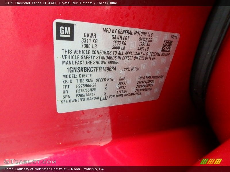 Crystal Red Tintcoat / Cocoa/Dune 2015 Chevrolet Tahoe LT 4WD