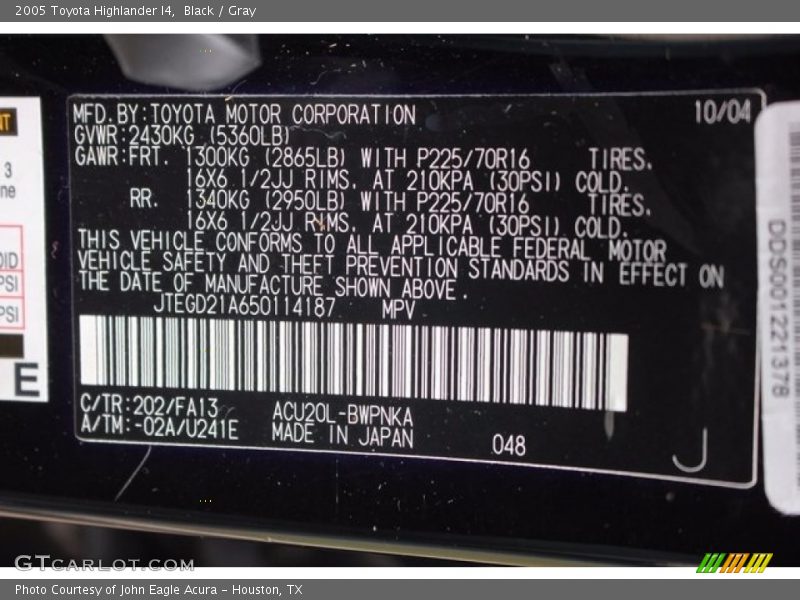 Black / Gray 2005 Toyota Highlander I4