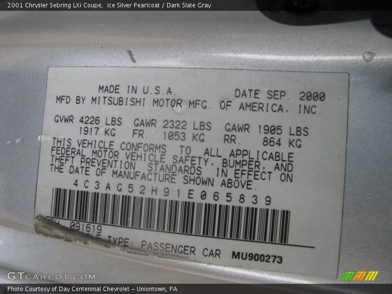 Ice Silver Pearlcoat / Dark Slate Gray 2001 Chrysler Sebring LXi Coupe
