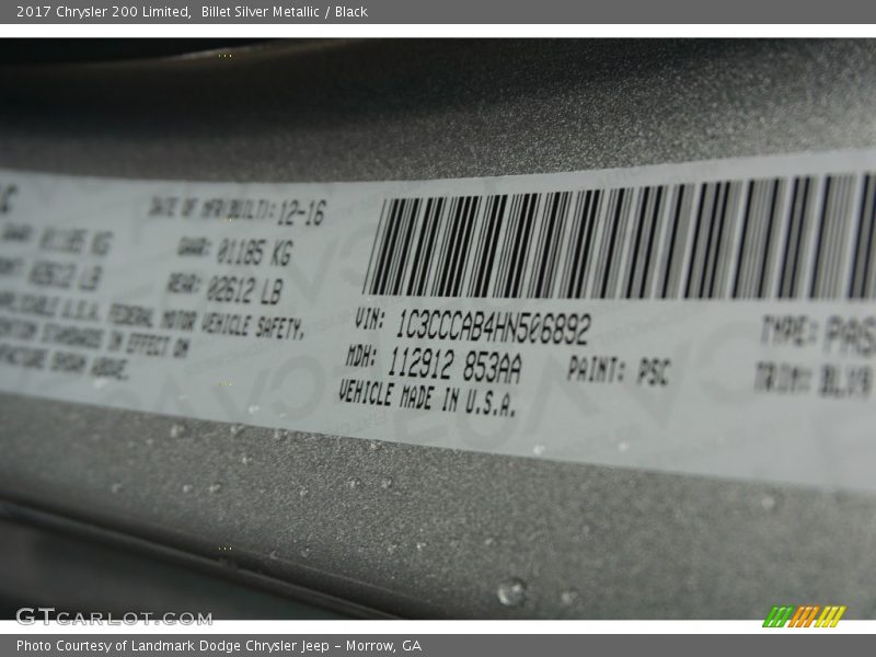 Billet Silver Metallic / Black 2017 Chrysler 200 Limited