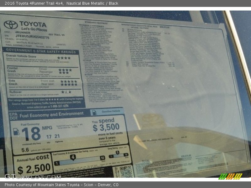 Nautical Blue Metallic / Black 2016 Toyota 4Runner Trail 4x4