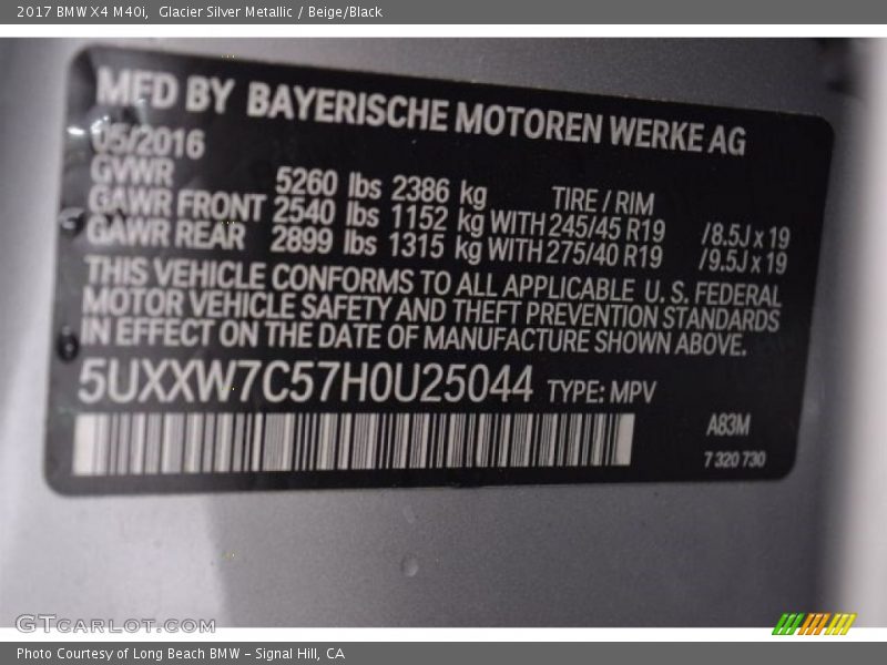 Glacier Silver Metallic / Beige/Black 2017 BMW X4 M40i