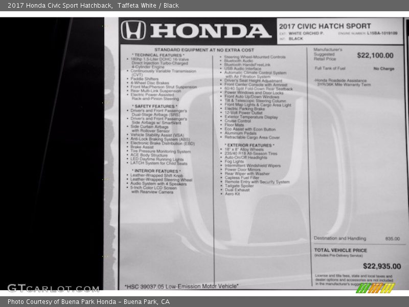 Taffeta White / Black 2017 Honda Civic Sport Hatchback