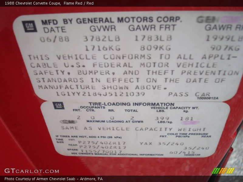 Flame Red / Red 1988 Chevrolet Corvette Coupe