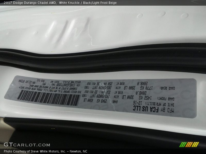 White Knuckle / Black/Light Frost Beige 2017 Dodge Durango Citadel AWD