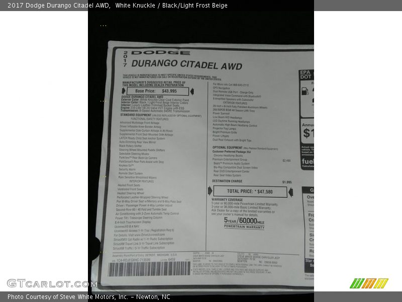 White Knuckle / Black/Light Frost Beige 2017 Dodge Durango Citadel AWD