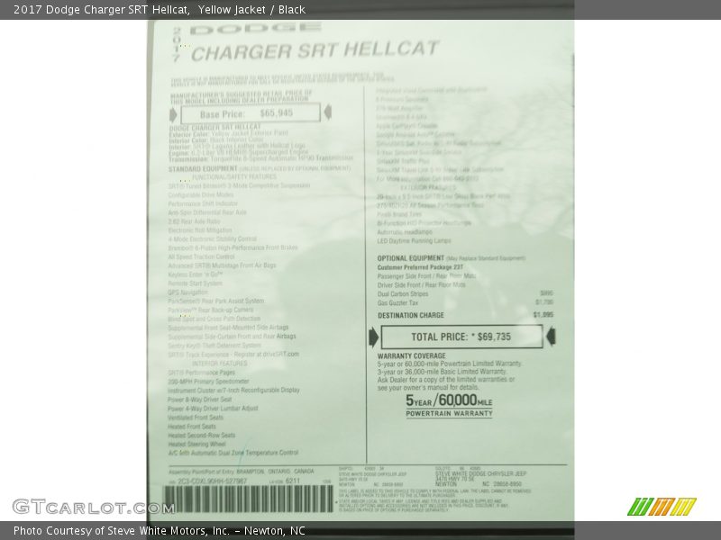 Yellow Jacket / Black 2017 Dodge Charger SRT Hellcat