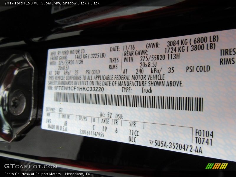 2017 F150 XLT SuperCrew Shadow Black Color Code G1
