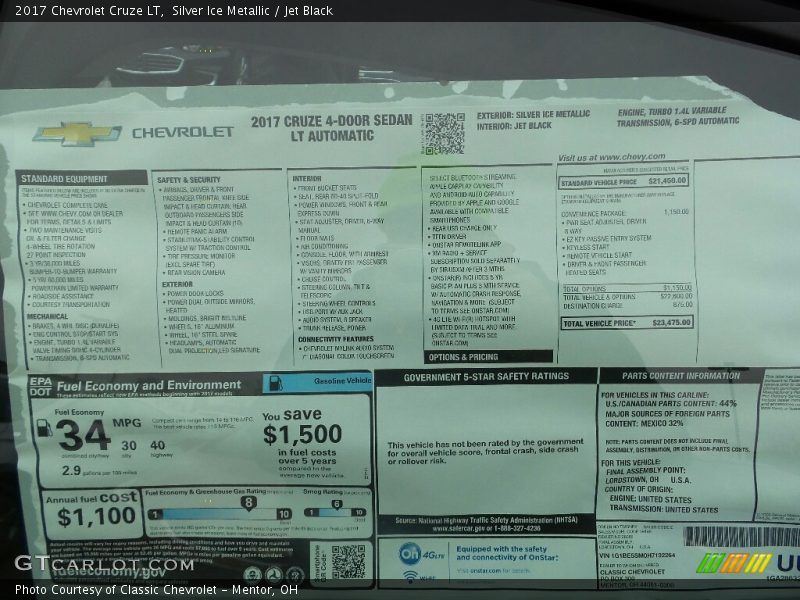 Silver Ice Metallic / Jet Black 2017 Chevrolet Cruze LT