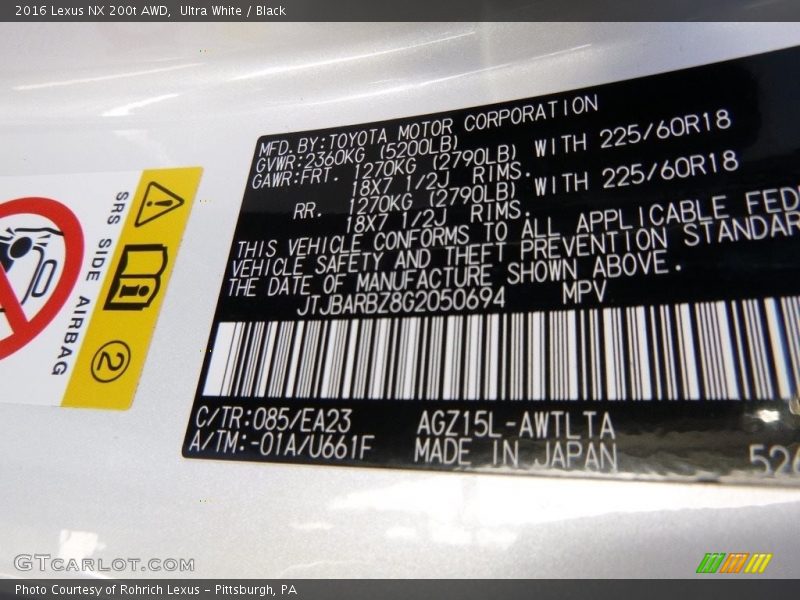 Ultra White / Black 2016 Lexus NX 200t AWD