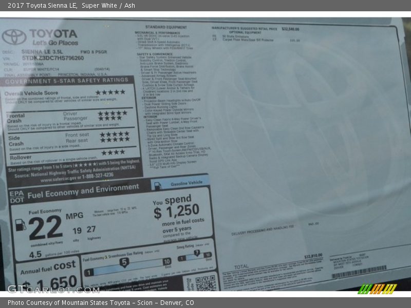 Super White / Ash 2017 Toyota Sienna LE