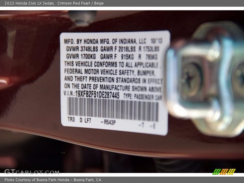 Crimson Red Pearl / Beige 2013 Honda Civic LX Sedan