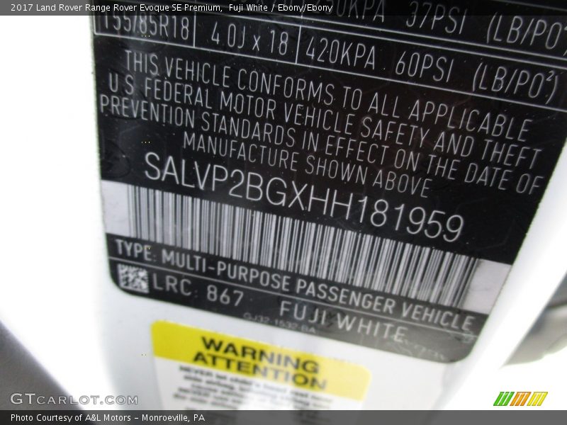 2017 Range Rover Evoque SE Premium Fuji White Color Code 867