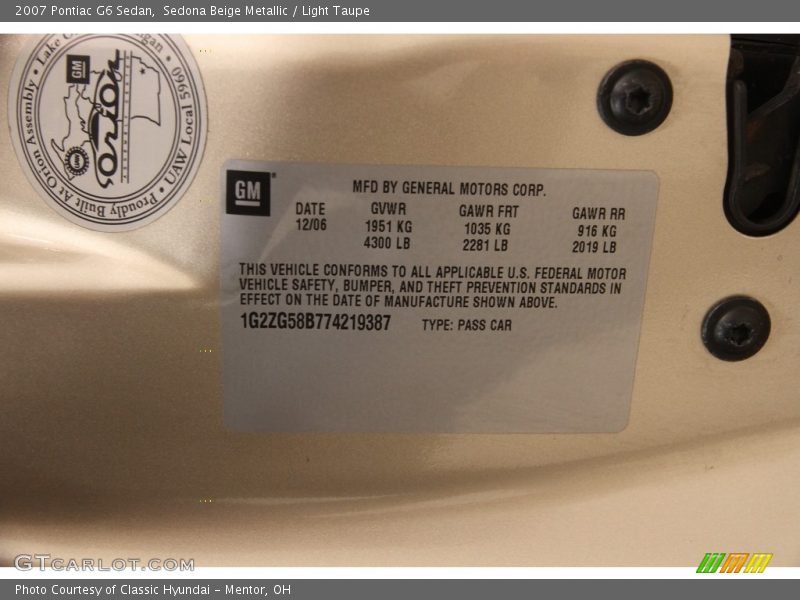Sedona Beige Metallic / Light Taupe 2007 Pontiac G6 Sedan