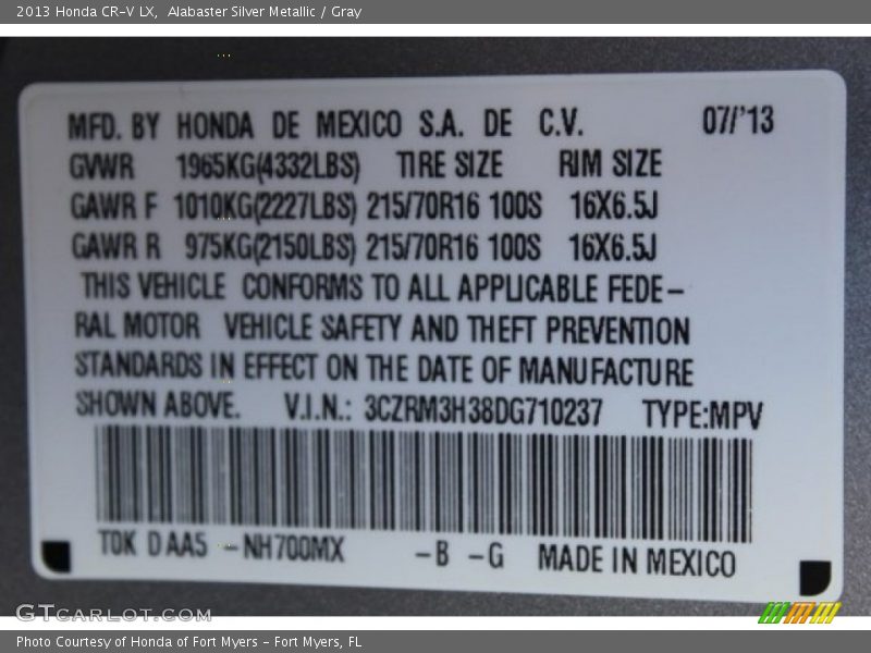 Alabaster Silver Metallic / Gray 2013 Honda CR-V LX