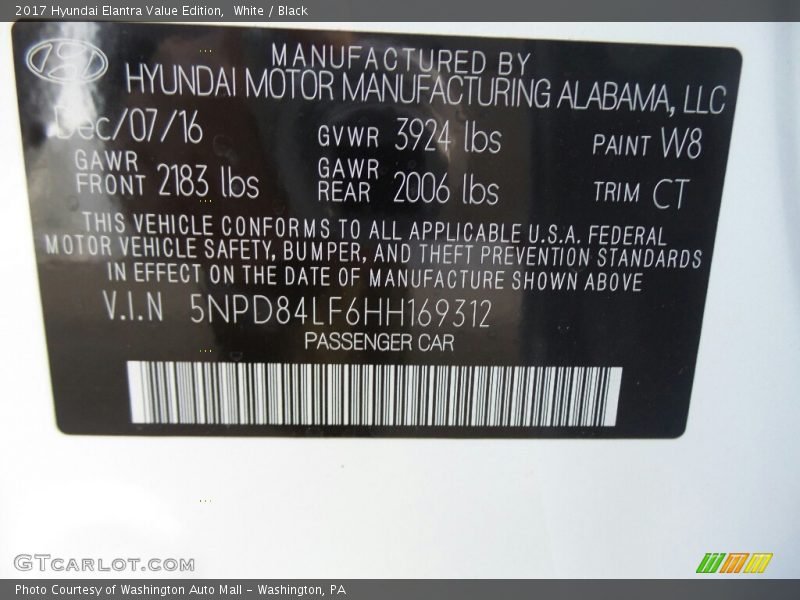 White / Black 2017 Hyundai Elantra Value Edition