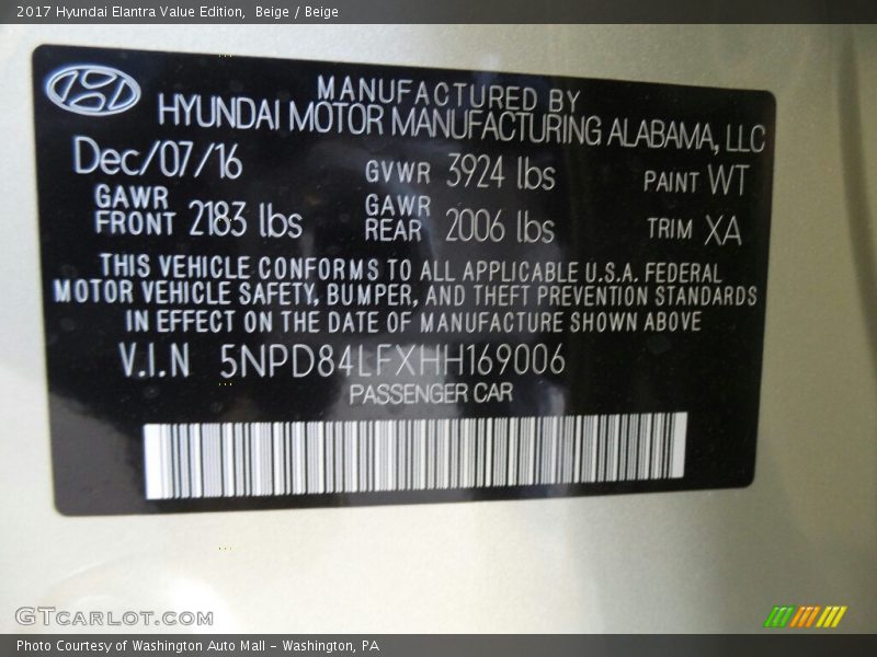 Beige / Beige 2017 Hyundai Elantra Value Edition