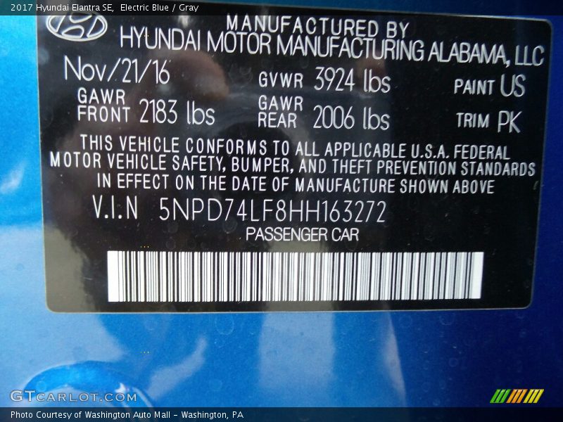 Electric Blue / Gray 2017 Hyundai Elantra SE