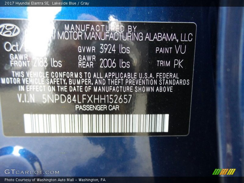 2017 Elantra SE Lakeside Blue Color Code VU