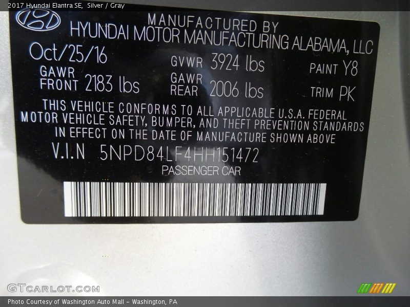 Silver / Gray 2017 Hyundai Elantra SE